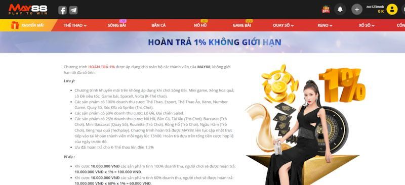 Hoàn trả 1% dành cho mọi hạng mục tại May88