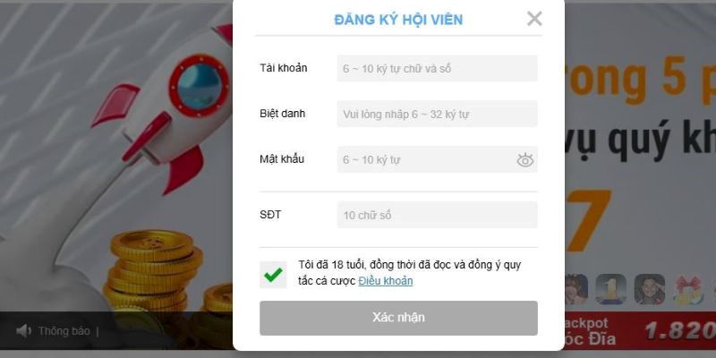Nhập đủ và chính xác các trường thông tin đăng ký tài khoản thabet hiển thị